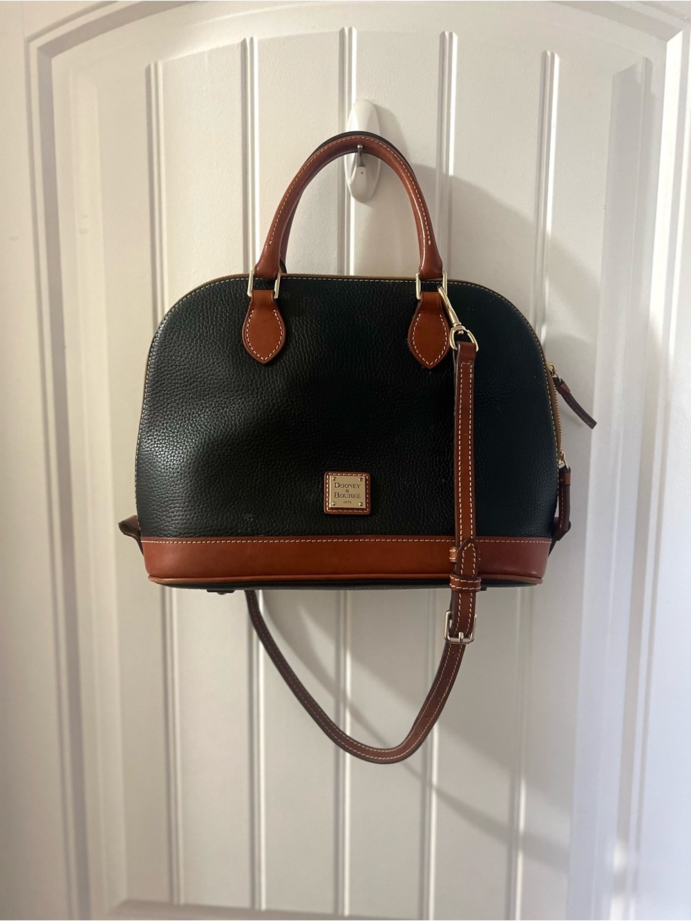 Dooney & Bourke Black Pebble Leather Dome Satchel with Brown Trim